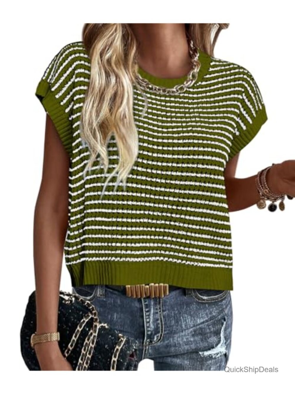 Striped Short Sleeve Sweater Vest Knit Pullover Women's Cotton